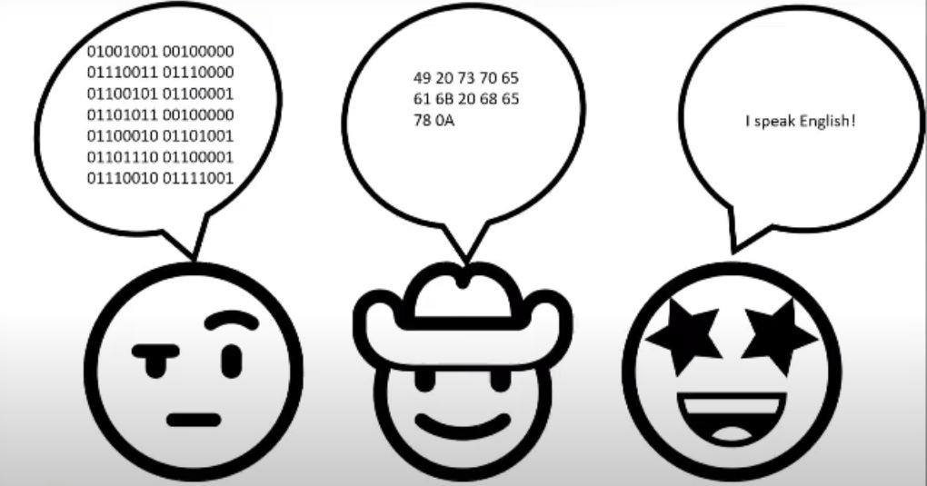 three cartoon faces with speech bubbles: the first speaks a long string of binary digits, the second speaks pairs of hexadecimal numbers, the third says I speak English.
