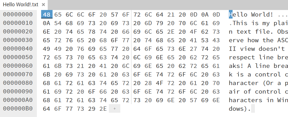 image shows the hexadecimal representation of a plain-text file in a hex editor's user interface.