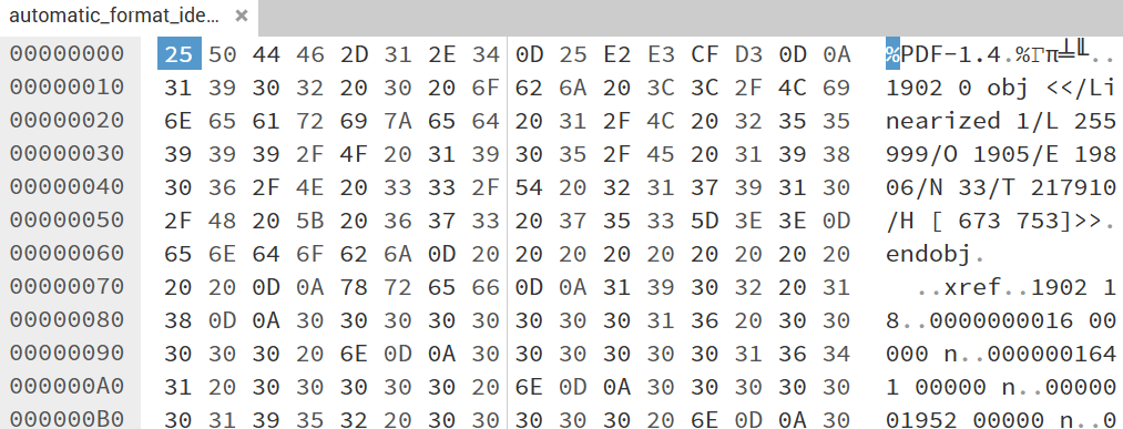 image shows the hexadecimal representation of a PDF file in a hex editor's user interface.