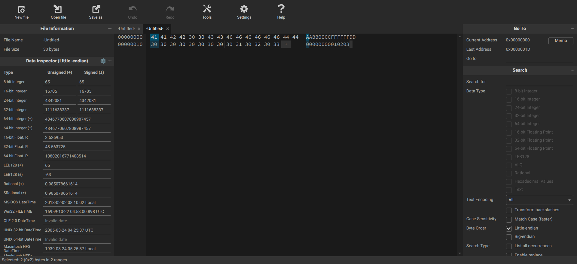 image shows a skeleton file in a hex editor and the hex editor\s layout and various panes