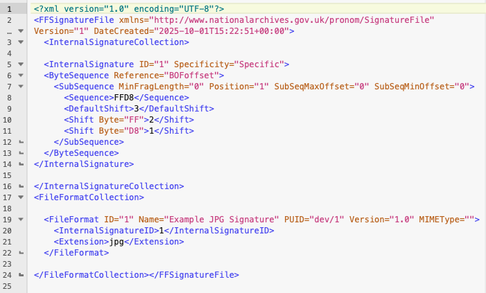image shows the XML used to define a signature file used by DROID. It contains a lot of information used by previous DROIDs to optimize pattern matching.