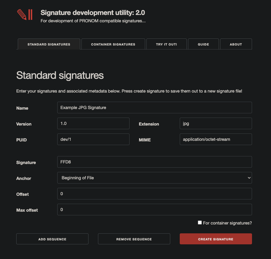 image shows the user interface of the signature development utility.