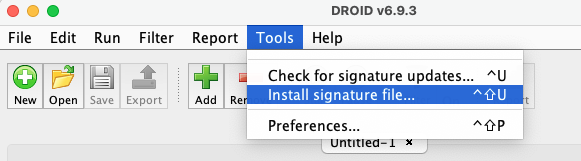 image shows DROID user interface and where you would navigate to so that you can upload a new signature file.